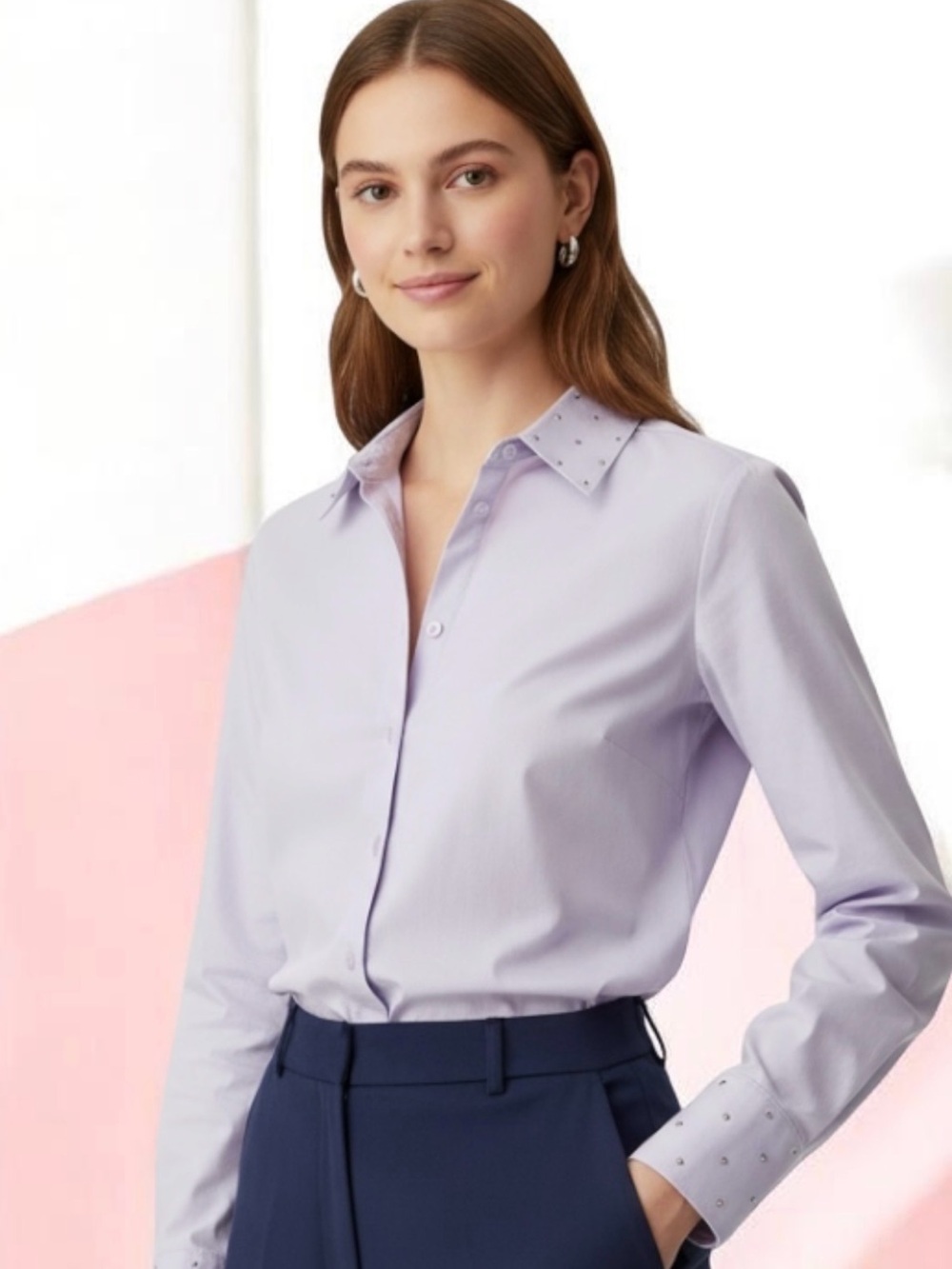Classic Lilac Button-Down Shirt with Studded Collar and sleeves